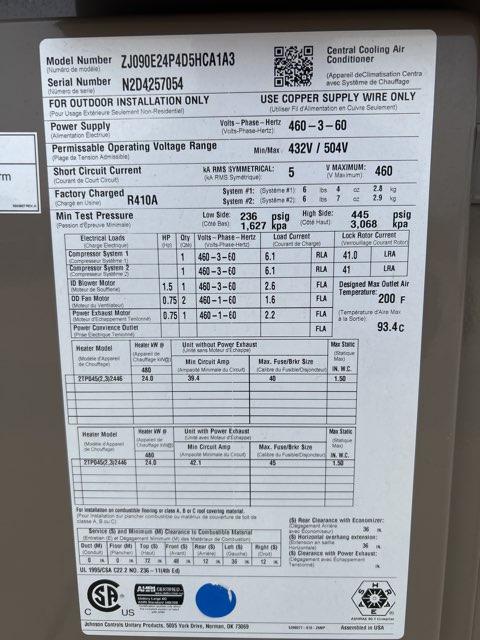 7.5 Ton Two-Stage Convertible Packaged Air Conditioning Unit W/24 Kw Heat, 12.2 EER, 460/60/3, R410A