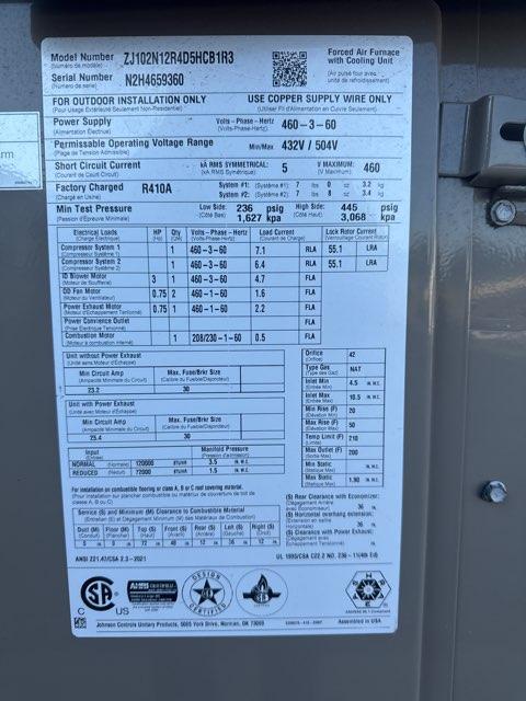 8.5 Ton Two-Stage Convertible Natural Gas/Electric Packaged Unit, 14 EER, 460/60/3, R410A