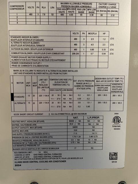5 Ton Ultra Low NOx Single-Stage Convertible Natural G/E Packaged Unit, 14 SEER, 460/60/3, R410A