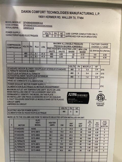 7.5 Ton Two-Stage Convertible Packaged Heat Pump Unit, 11 EER, 460/60/3, R410A