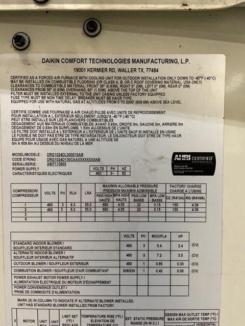 8.5 Ton Two-Stage Convertible Natural Gas/Electric Packaged Unit, 12.2 EER, 460/60/3, R410A