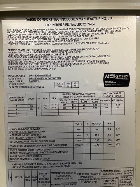 10 Ton Two-Stage Convertible Natural Gas/Electric Packaged Unit, 12.2 EER, 460/60/3, R410A
