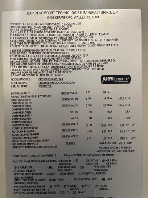 12.5 Ton Two-Stage Convertible Natural Gas/Electric Packaged Unit, 11.5 EER, 208-230/60/3, R410A