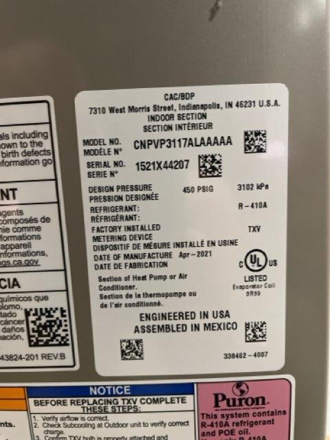 2.5 Ton AC/HP Upflow/Downflow Cased N Coil, R410A CFM 1250