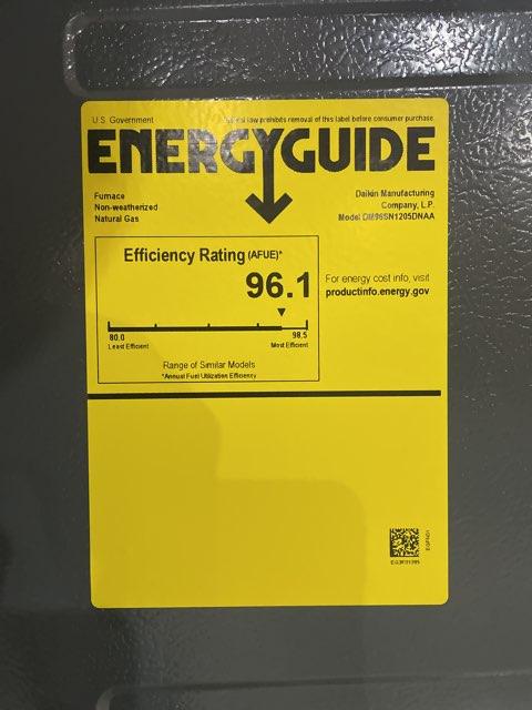 120,000 BTU Low NOx 1-Stg Upflow/Horizontal ECM Multi Speed Gas Furnace 96% 115/60/1 CFM: 2000