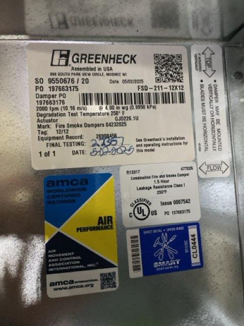 SIEMENS ELECTRONIC FIRE DAMPER 12"X12", 50-60 HERTZ, 120-230VOLTS, 1 PHASE