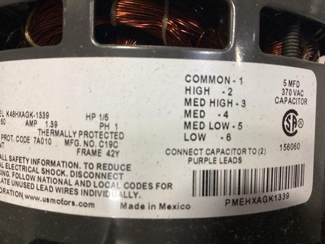 1/5 HP Blower Motor, 208-230/60/1, RPM 1385, 5-Speed