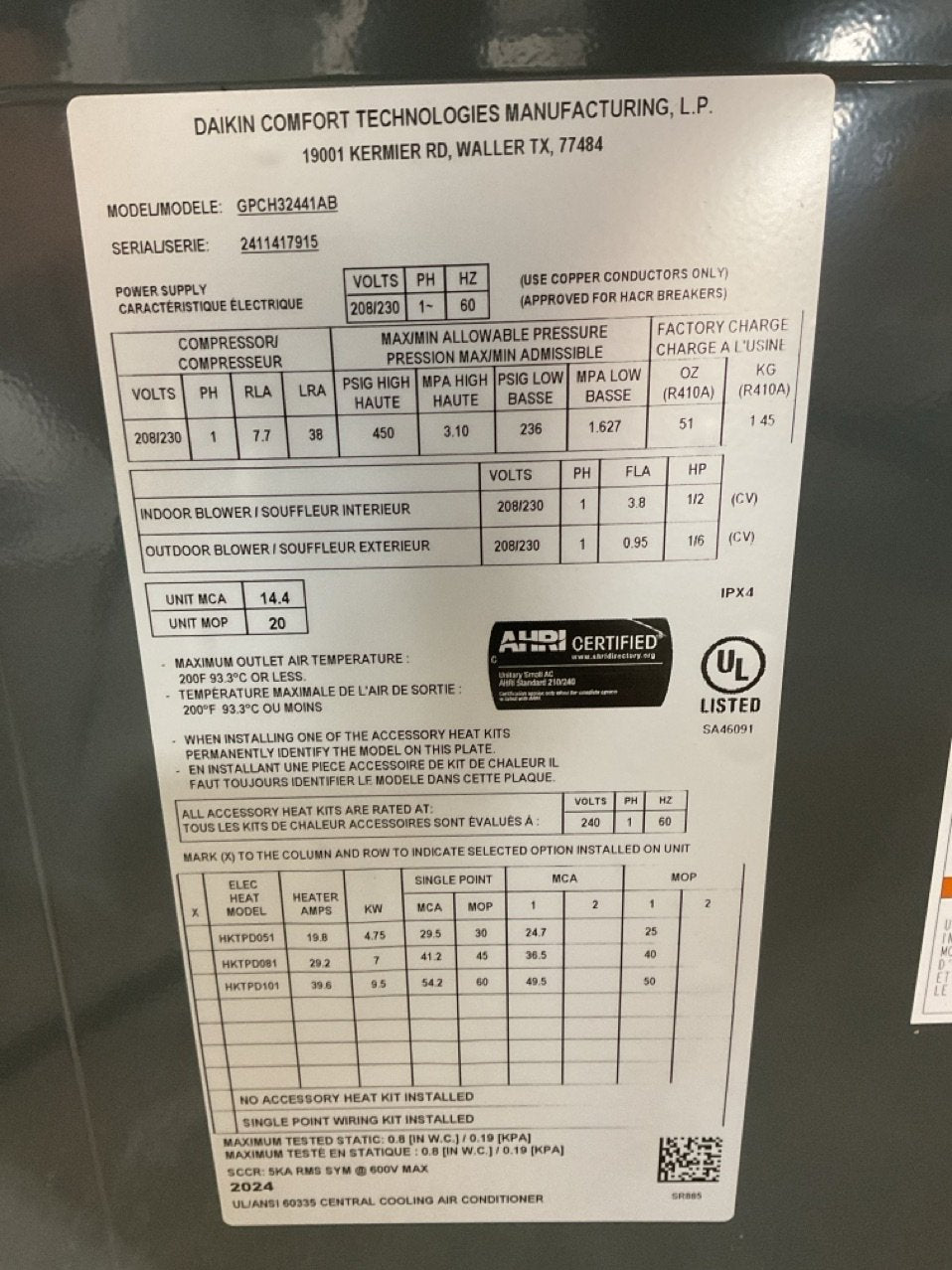 2 Ton Single-Stage Horizontal Packaged Air Conditioning Unit, 13.4 SEER2, 208-230/60/1, R410A