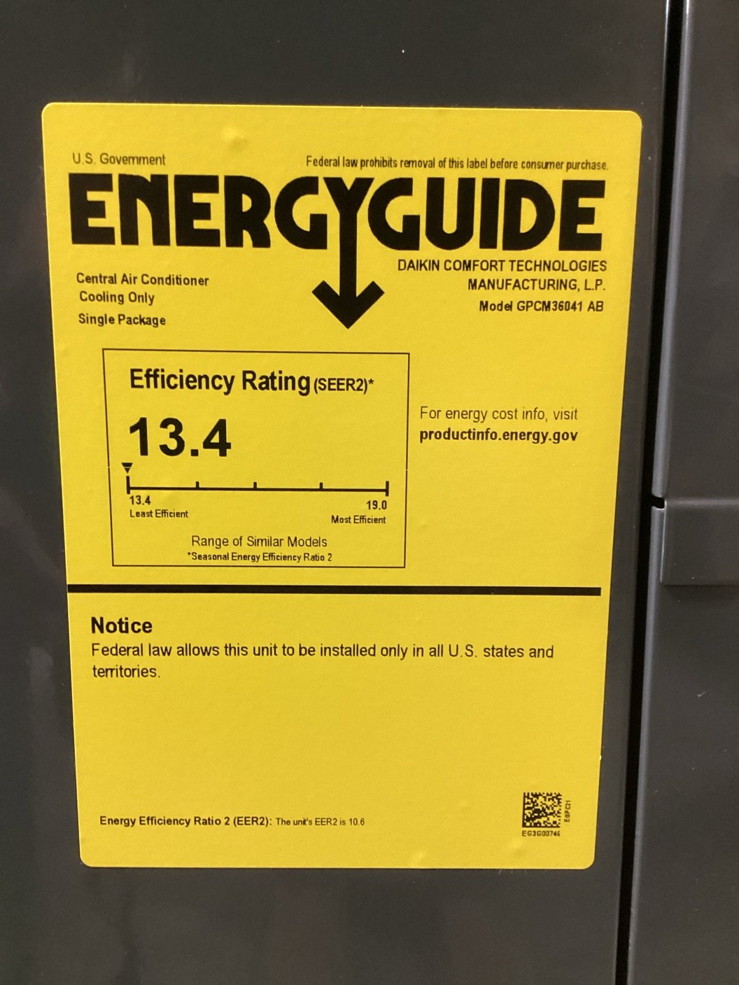 5 Ton Single-Stage Convertible Packaged Air Conditioning Unit, 13.4 SEER2, 208-230/60/1, R410A