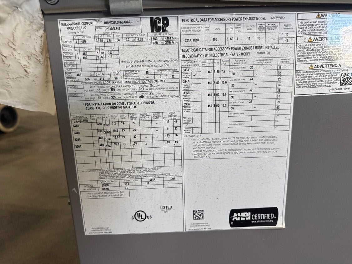3 Ton Two-Stage Convertible Packaged Heat Pump Unit, 16.2 SEER, 460/60/3, R410A