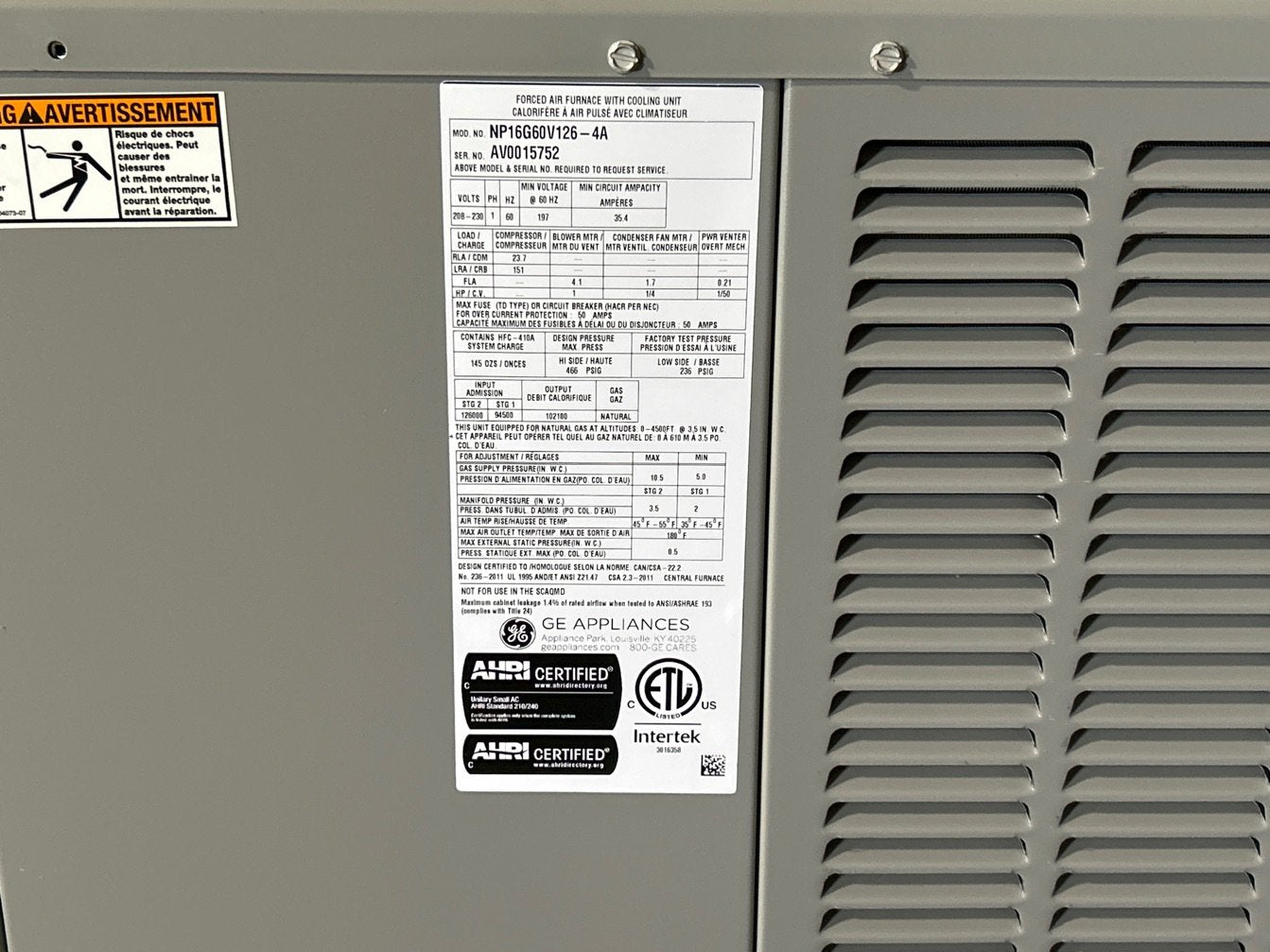 5 Ton Two-Stage Convertible Natural Gas/Electric Packaged Unit, 16 SEER, 208-230/60/1, R410A