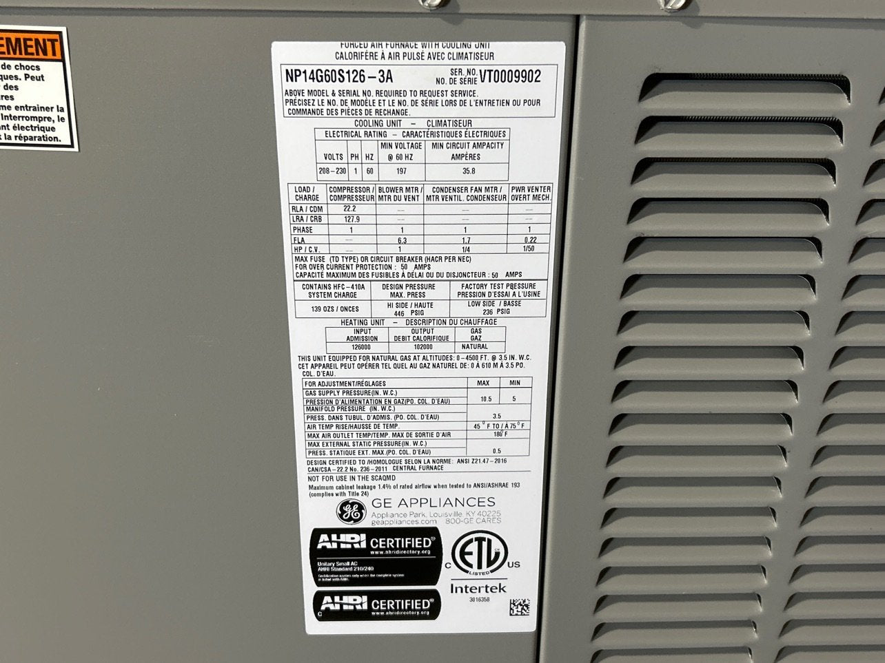 5 Ton Single-Stage Convertible Natural Gas/Electric Packaged Unit, 14 SEER, 208-230/60/1, R410A