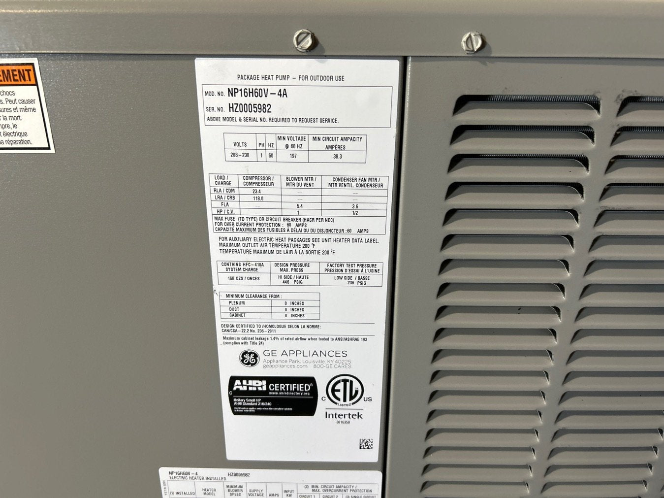 5 Ton Two-Stage Convertible Packaged Heat Pump Unit, 15.5 SEER, 208-230/60/1, R410A
