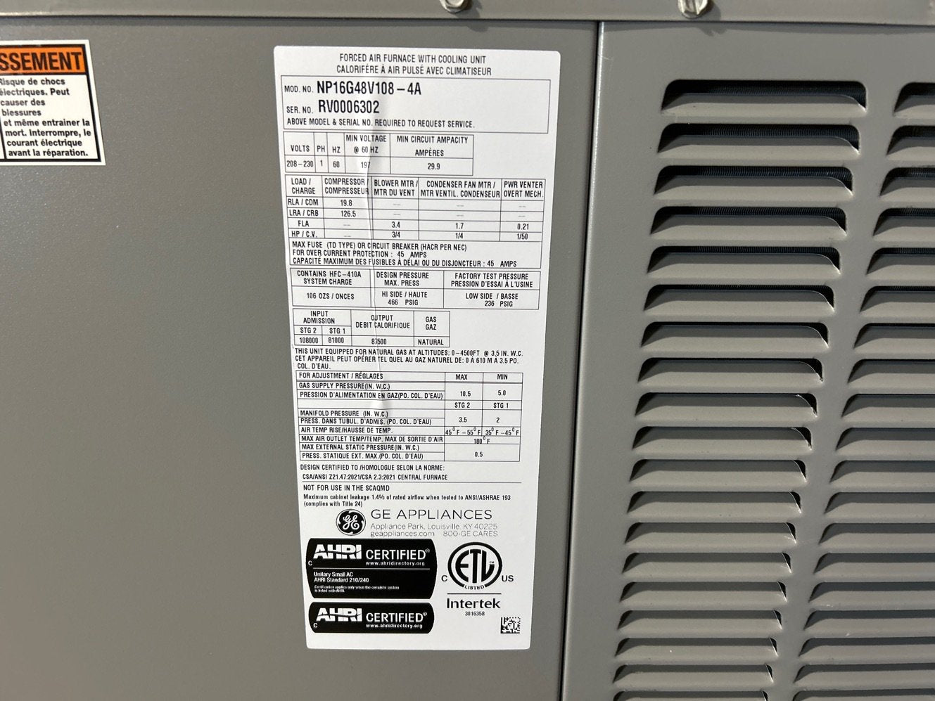 4 Ton Two-Stage Convertible Natural Gas/Electric Packaged Unit, 16 SEER, 208-230/60/1, R410A