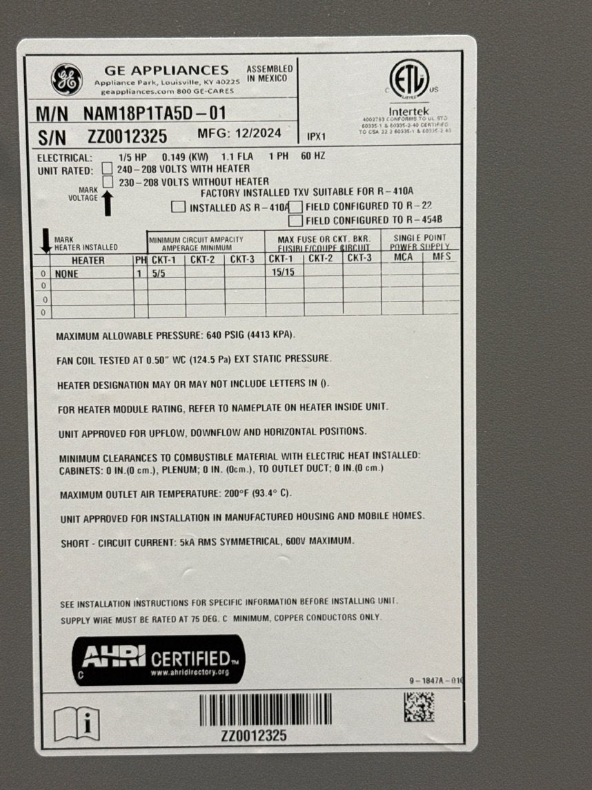 1.5 Ton AC/HP PSC Multiposition Air Handler 208-230/60/1 R-410A CFM 920