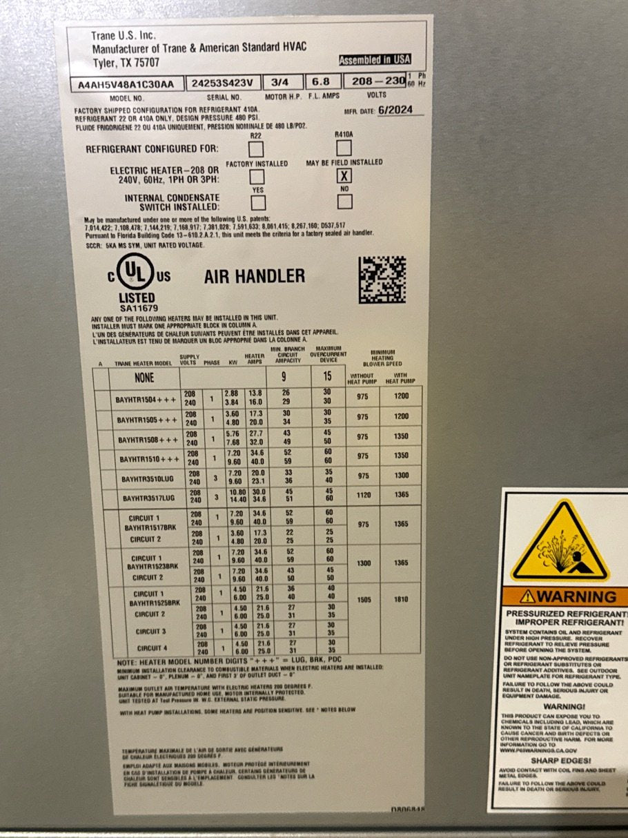 4 Ton AC/HP ECM Multiposition Air Handler 208-230/60/1 R-410A CFM 1520