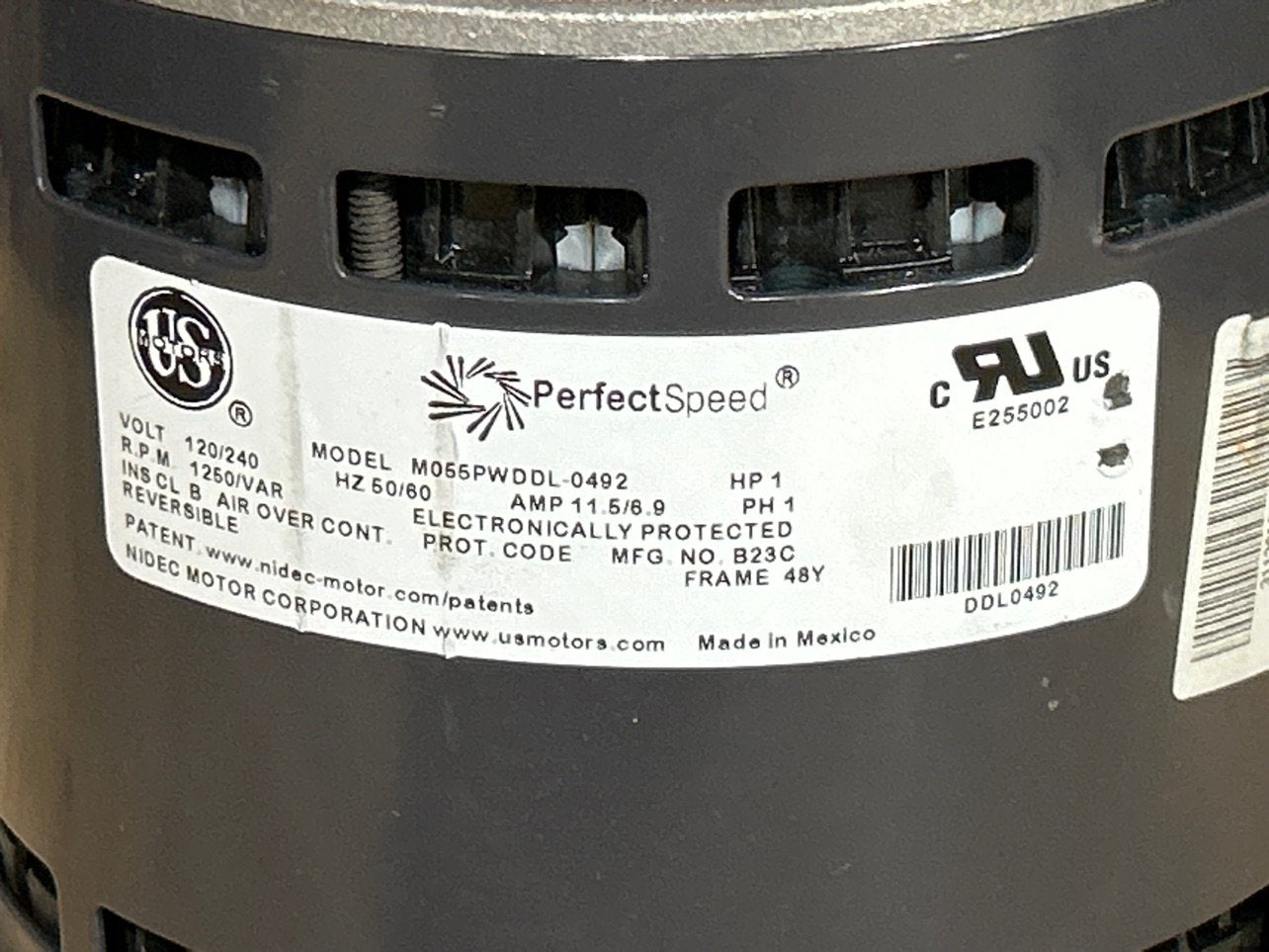 1 HP Blower Motor 120/240/50/60/1 1250 Rpm Variable Speed