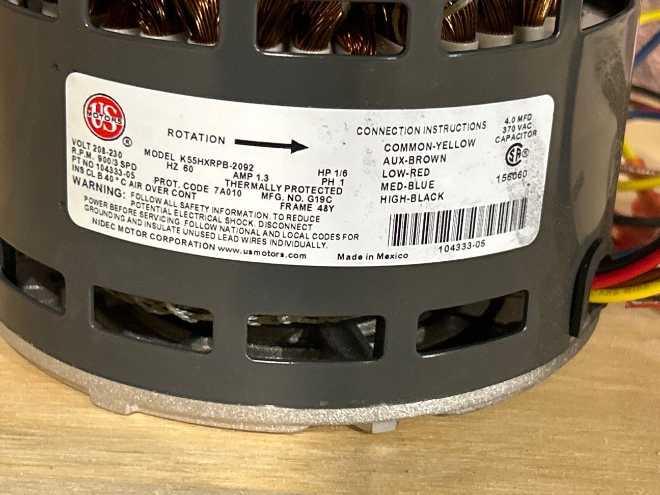 1/6 HP Fan Motor 208-230/60/1 900 Rpm 3 Speed