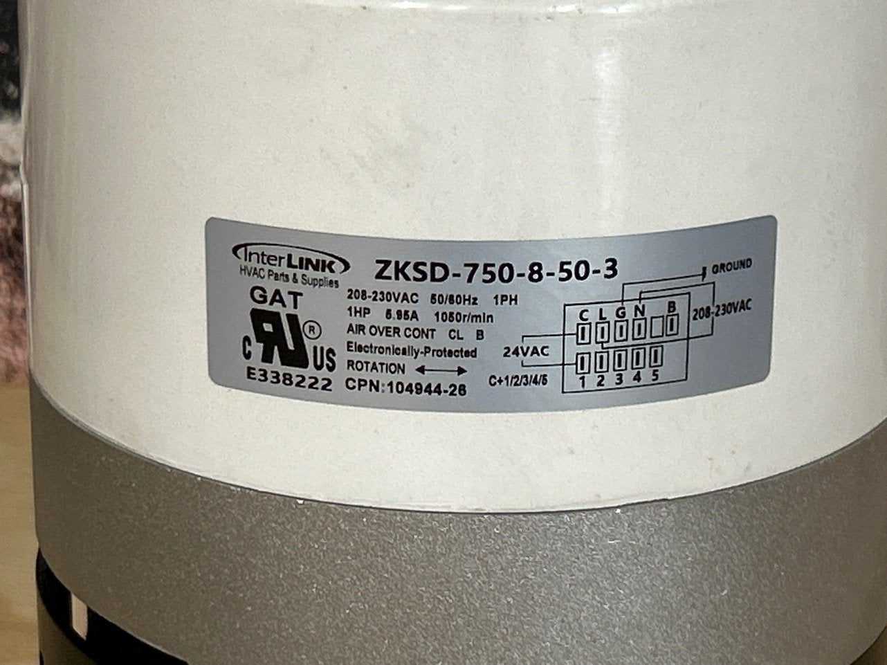 1 HP Blower Motor 208-230/50/60/1 1050 Rpm Variable Speed