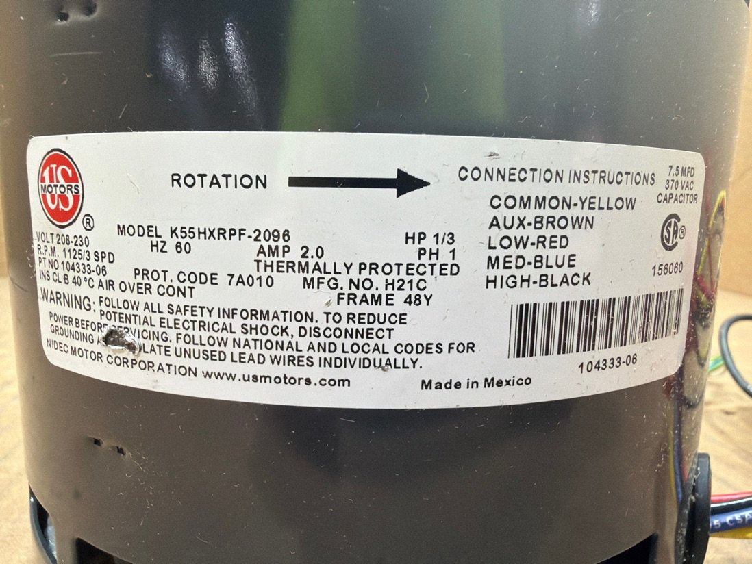 1/3 HP Blower Motor 208-230/60/1 1125 Rpm 3 Speed