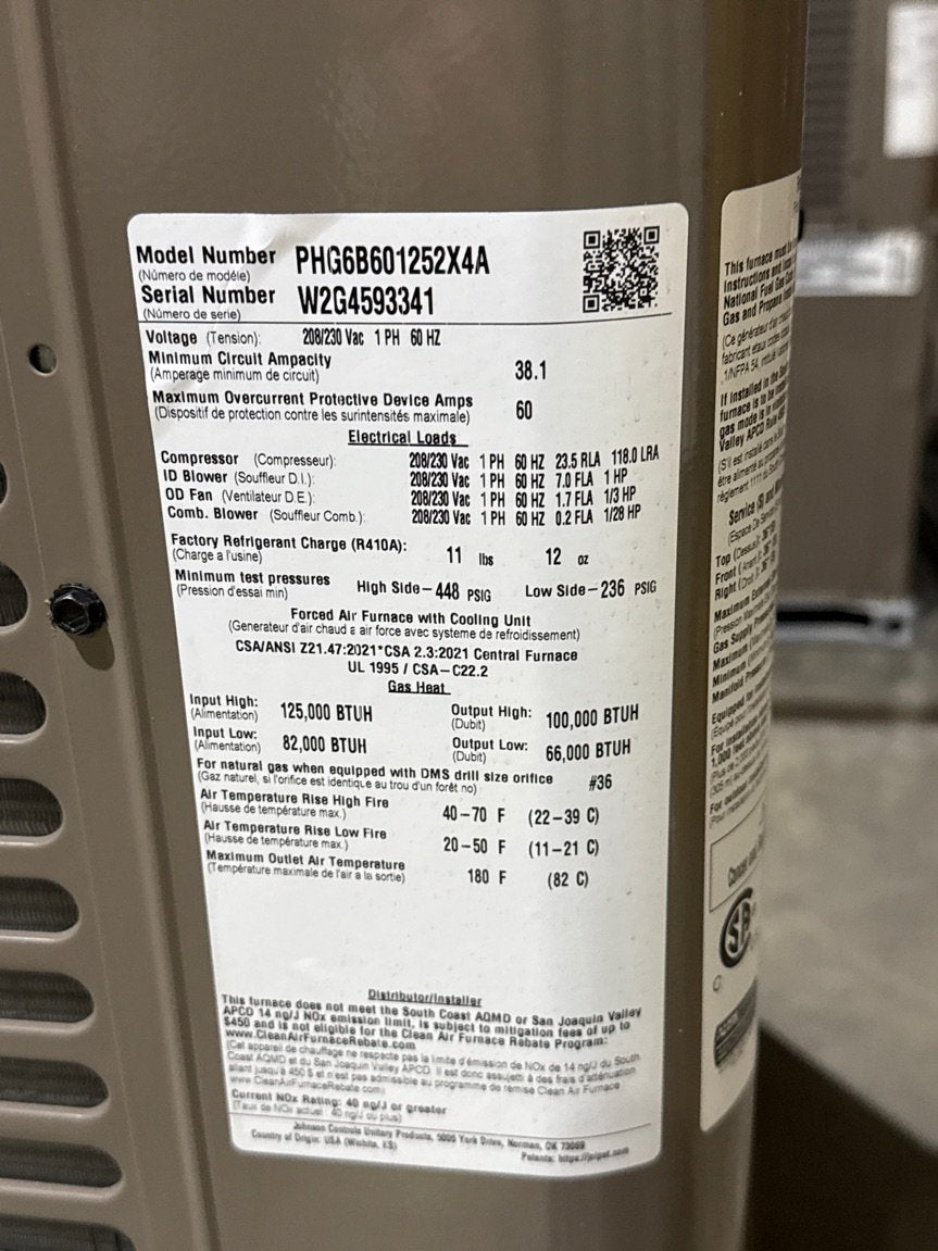 5 Ton Low NOx 2-Stg Convertible ECM Var Spd Dual Fuel HP Packaged Unit, 16 SEER, 208-230/60/1, R410A