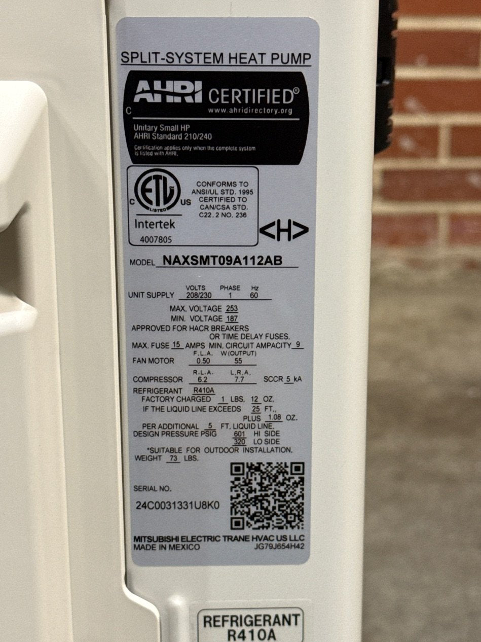 9,000 BTU Single-Zone Outdoor Inverter Heat Pump Mini Split Unit, 18 SEER 208-230/60/1 R-410A