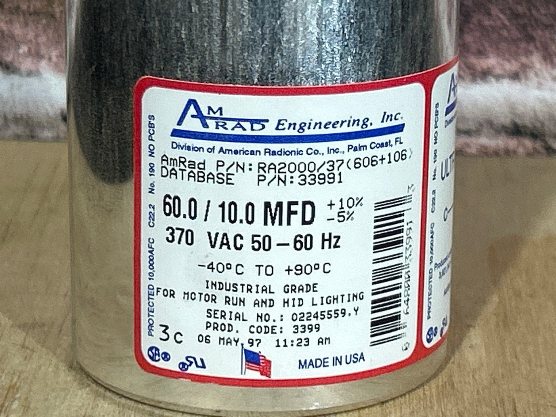 370 Vac, 60+10MFD 50/60 Hz, Round Capacitor