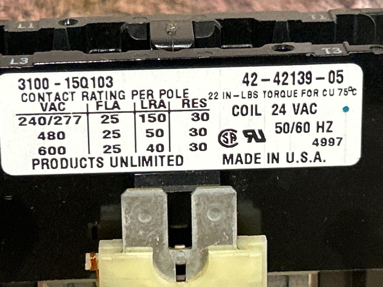 24 V, 50/60 Hz, 30 Amps 1 Pole Contactor