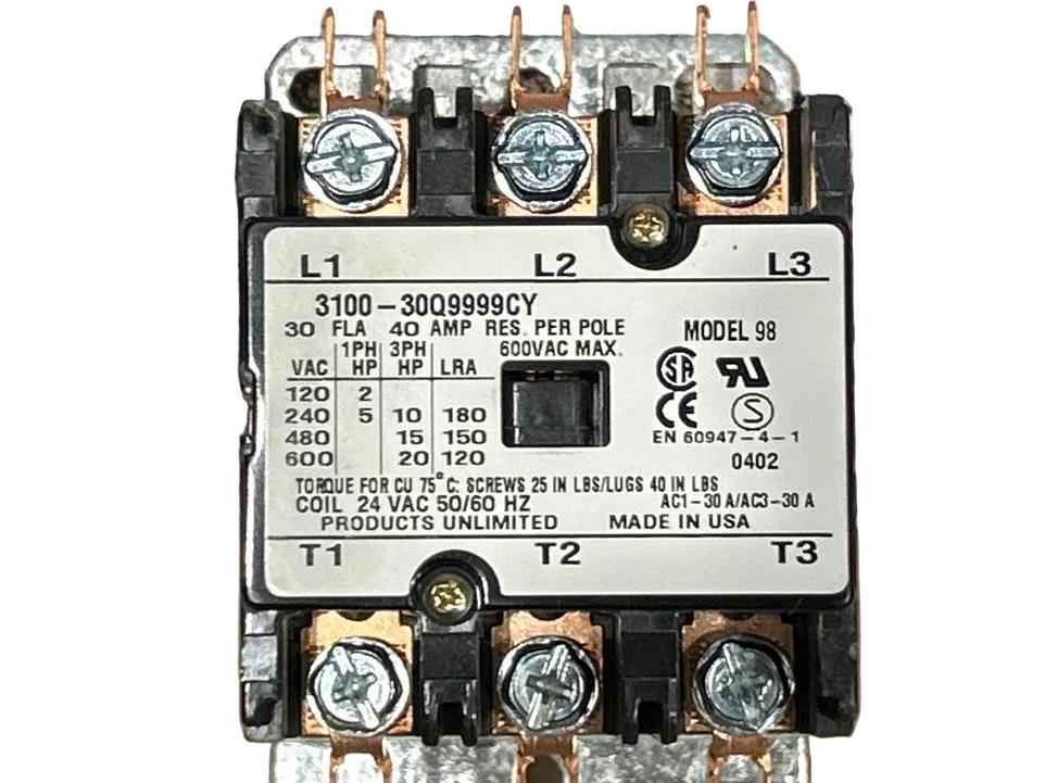 24 V, 50/60 Hz, 30 Amps 3 Pole Contactor