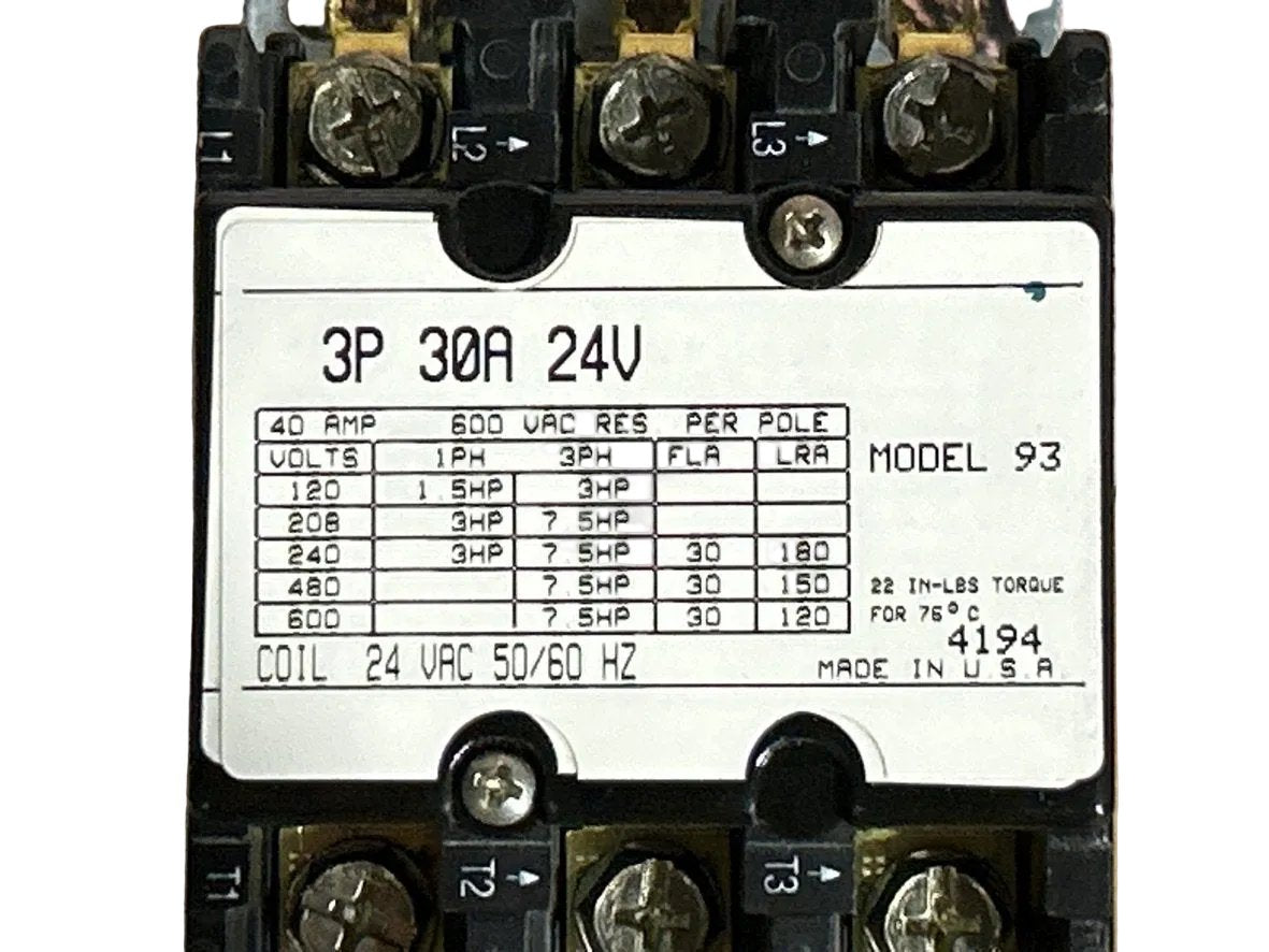 24 V, 50/60 Hz, 30 Amps 3 Pole Contactor