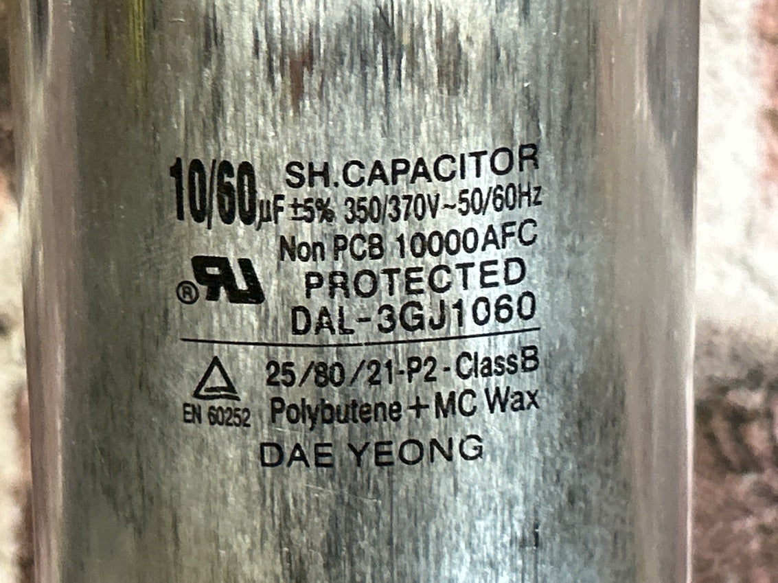 350/370 Vac, 60+10MFD 50/60 Hz, Round Capacitor