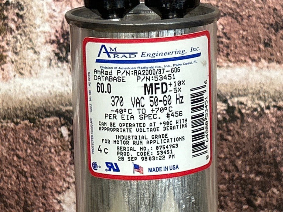 370 Vac, 60MFD 50/60 Hz, Round Capacitor
