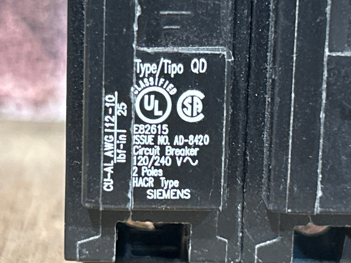 120/240V, 60Hz, 20A, 2 Pole Breaker