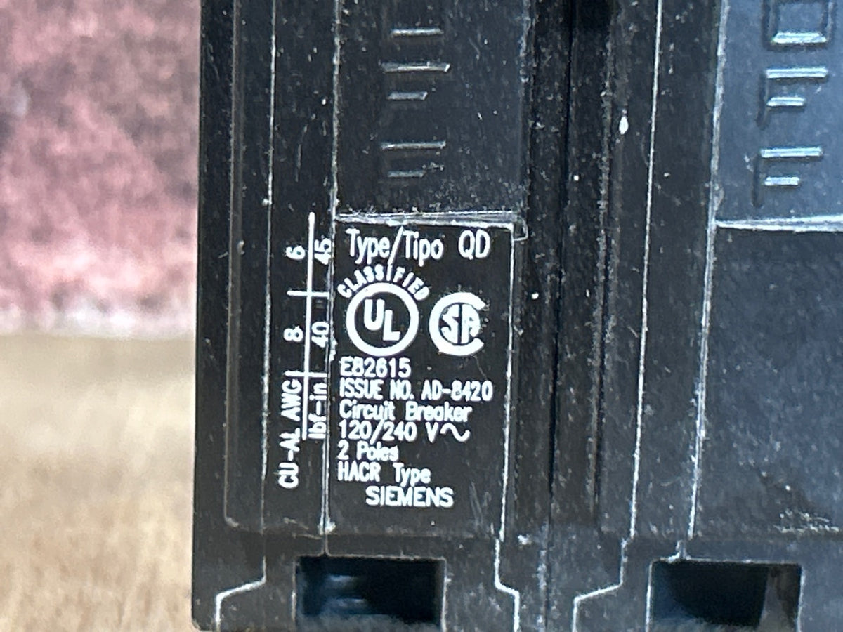 120/240V, 60Hz, 40A, 2 Pole Breaker