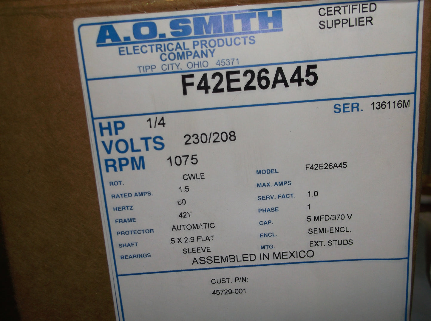 1/4HP FURNACE BLOWER MOTOR 208-230/60/1 RPM:1075/1-SPEED