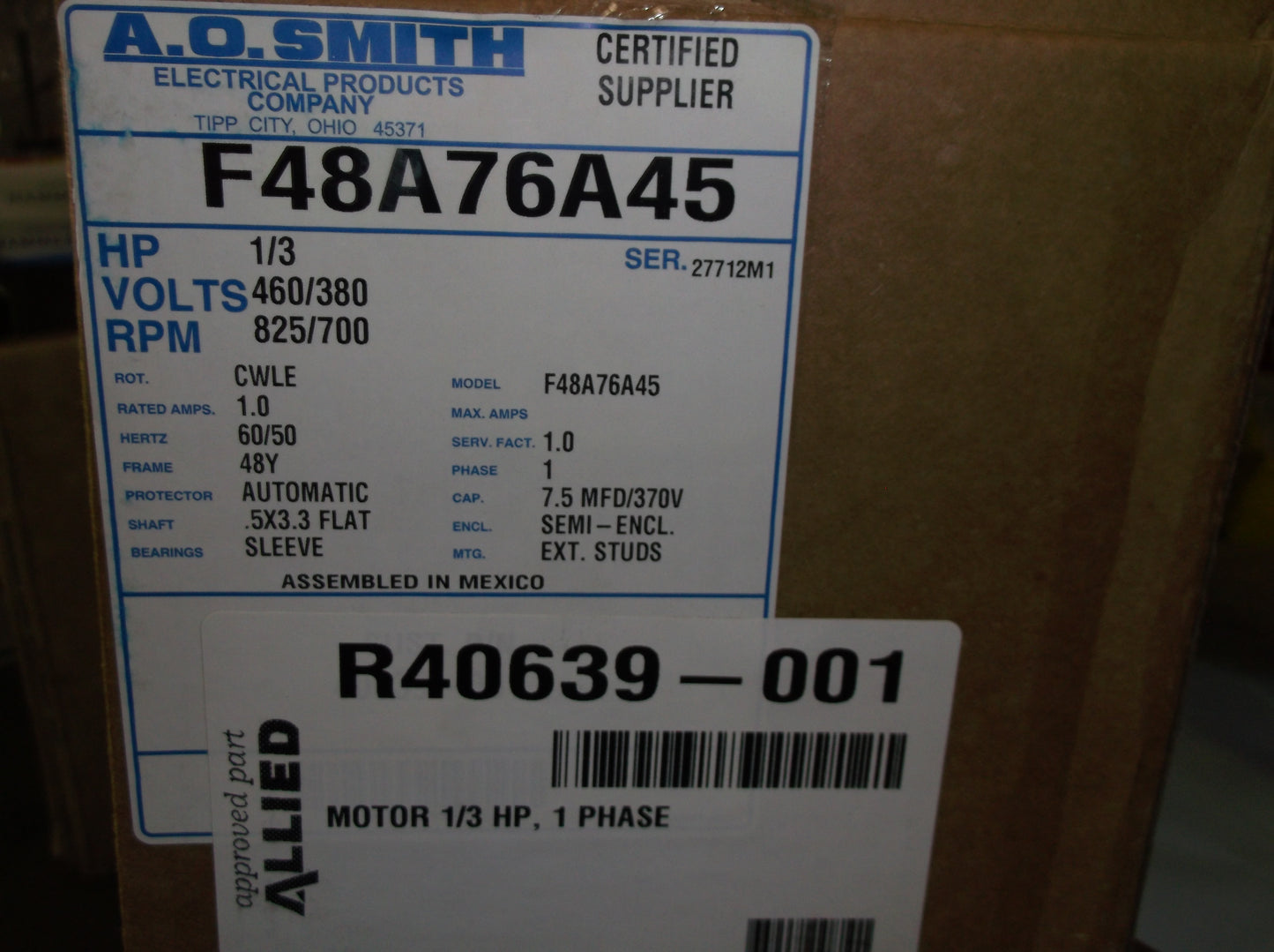 1/3HP CONDENSER FAN MOTOR 460-380/60-50/1 RPM:825/1-SPEED