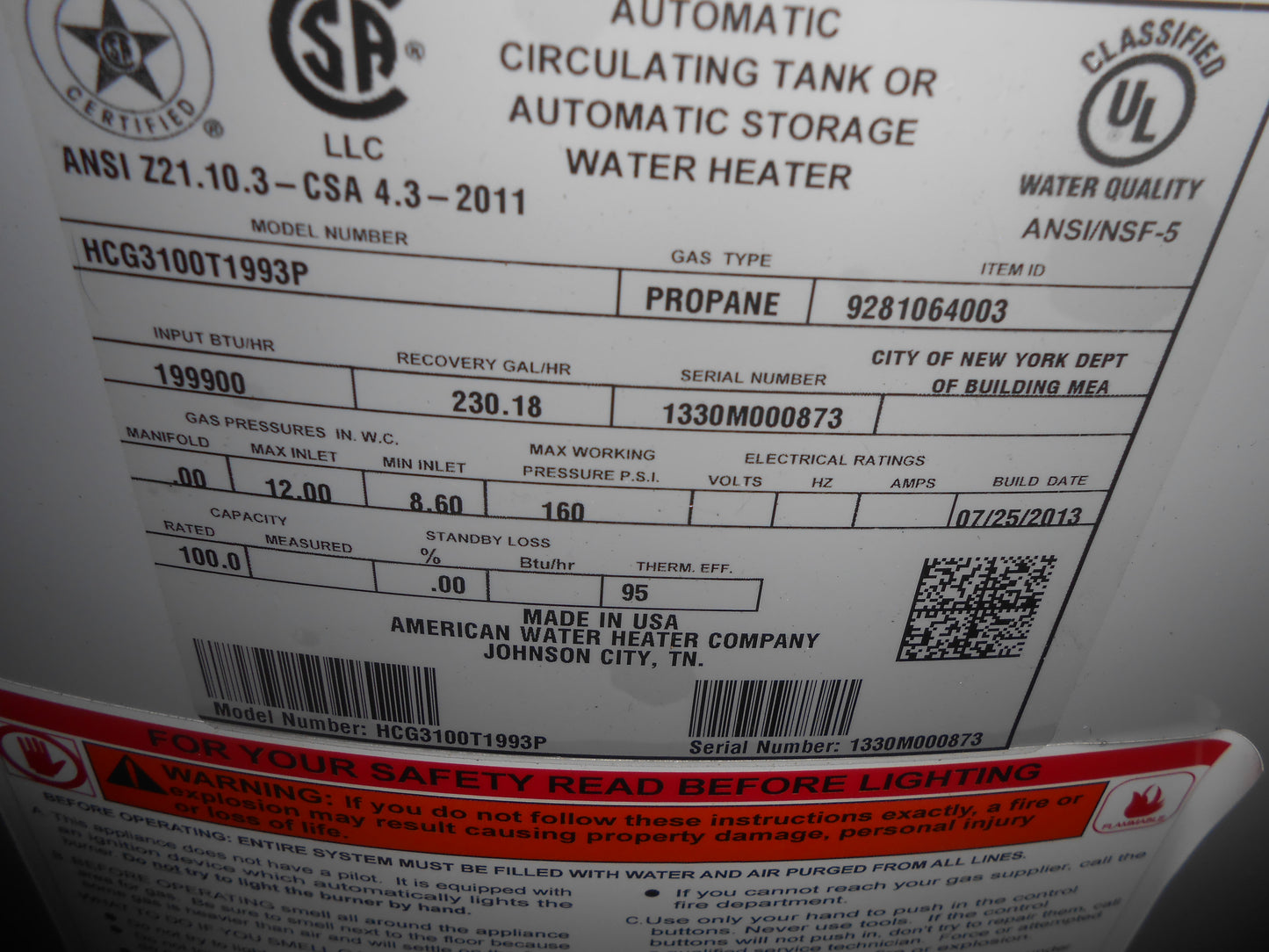 100 GALLON PROPANE AUTOMATIC CIRCULATING TANK OR AUTOMATIC STORAGE WATER HEATER