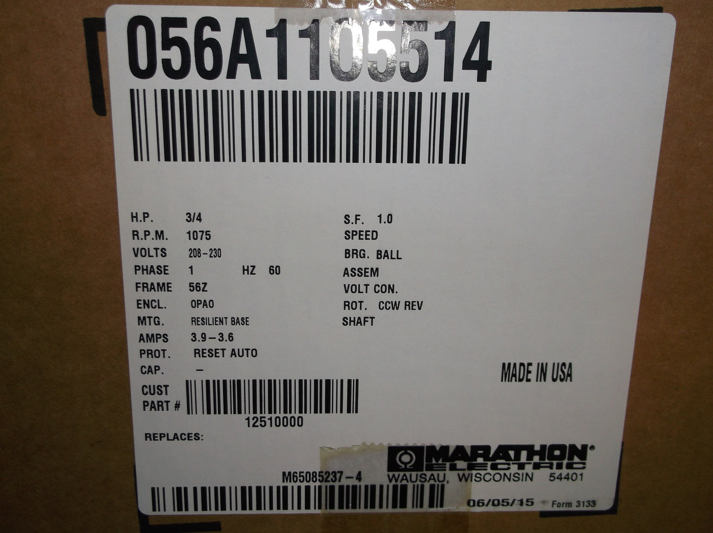 3/4HP BELTED FAN MOTOR, CAPACTIOR START, 208-230/60/1 RPM:1075/1-SPEED