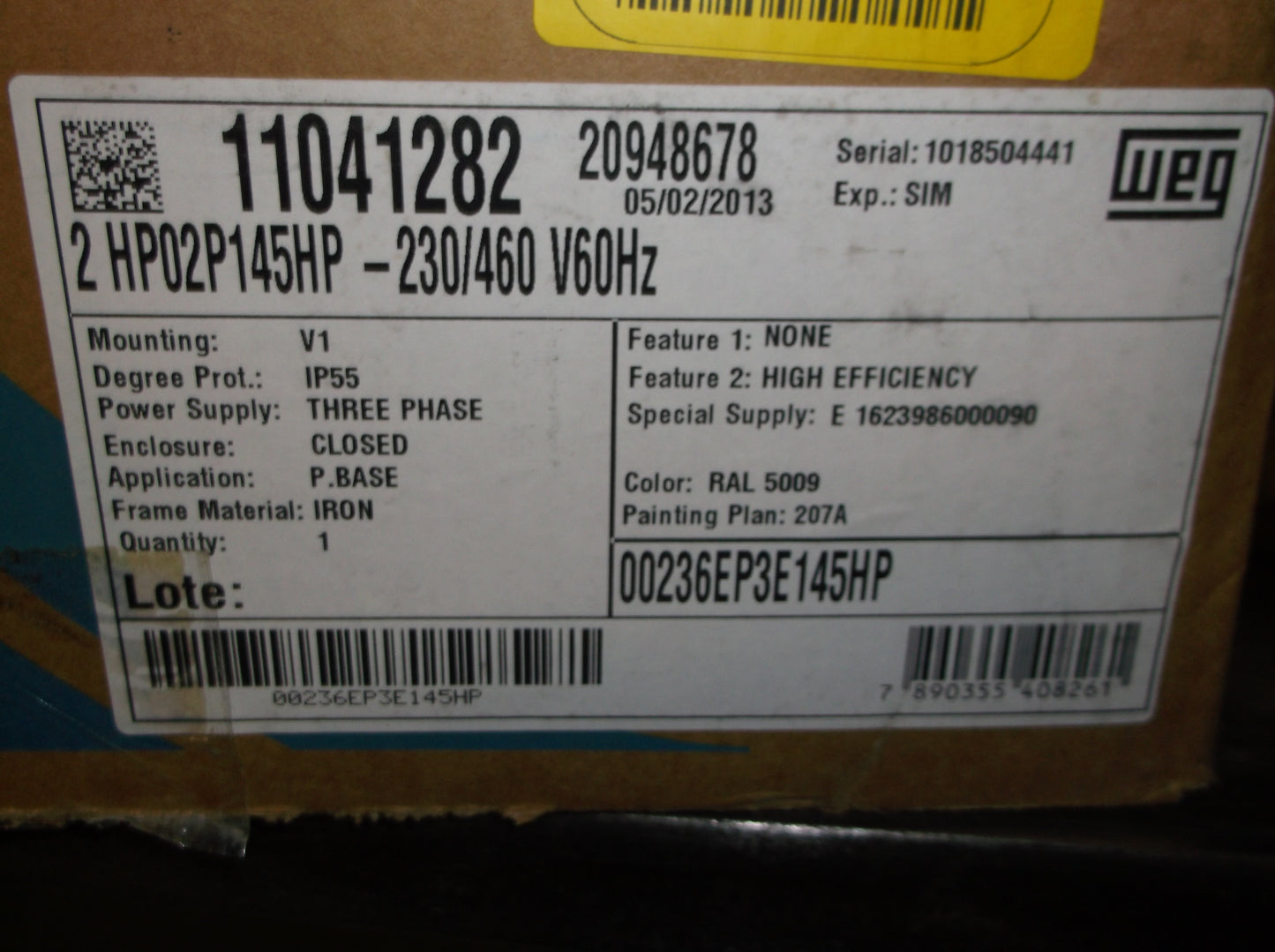 2HP VERTICAL PUMP MOTOR, 208-230-460/50-60/3 RPM:3480/1-SPEED