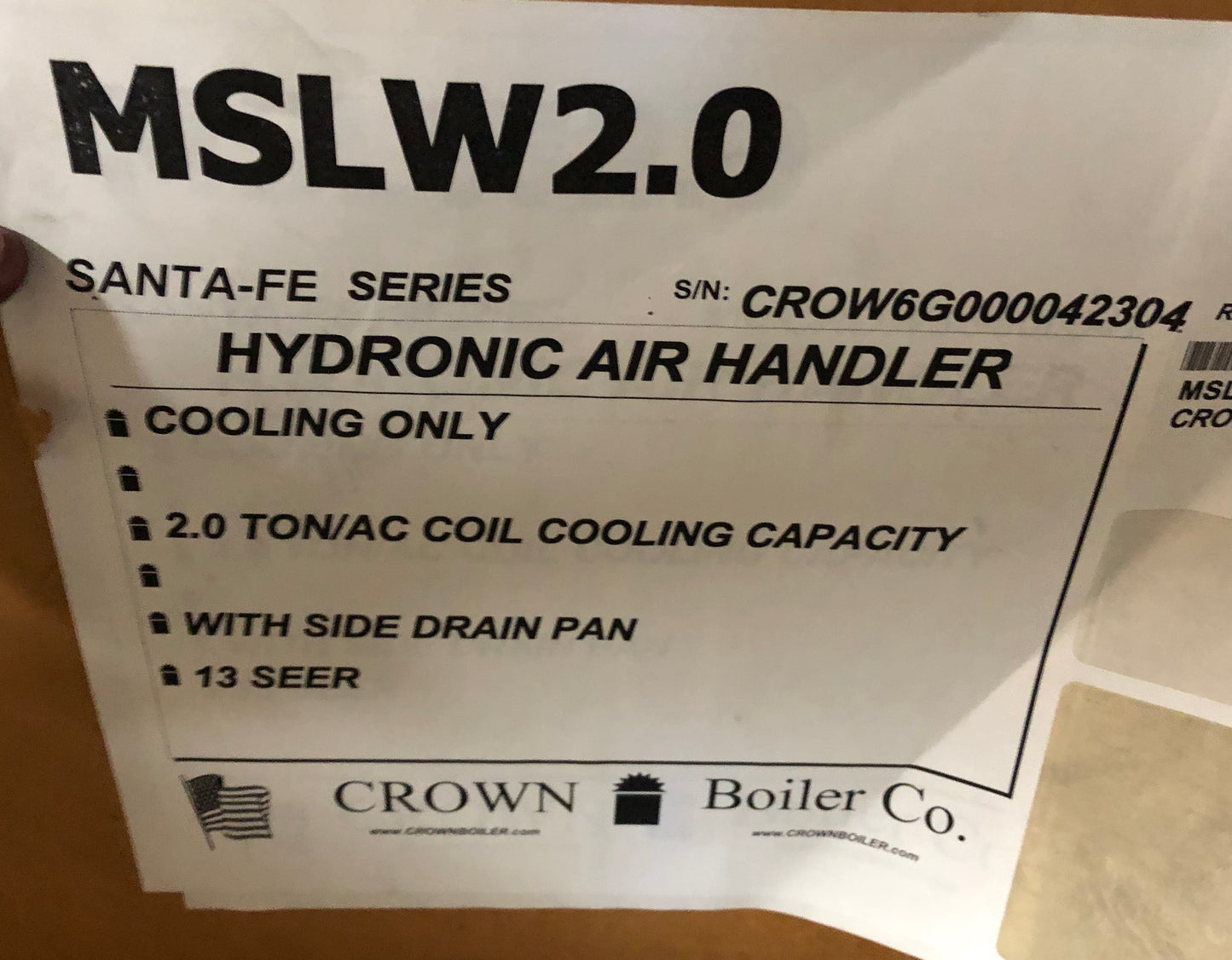 2 TON AC/HP "SANTA FE 11" SERIES UPFLOW/HORIZONTAL HYDRONIC FANCOIL/LESS HOT WATER COIL, 13 SEER 115/60/1 R-410A/R-22 CFM:800