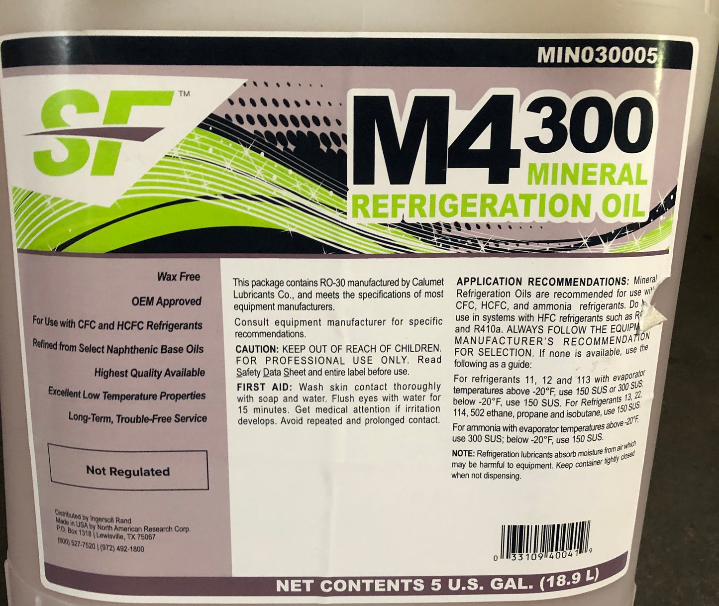 5 GALLON "M4300" MINERAL REFRIGERATION OIL FOR USE WITH CFC, HCFC, AND AMMONIA REFRIGERANTS