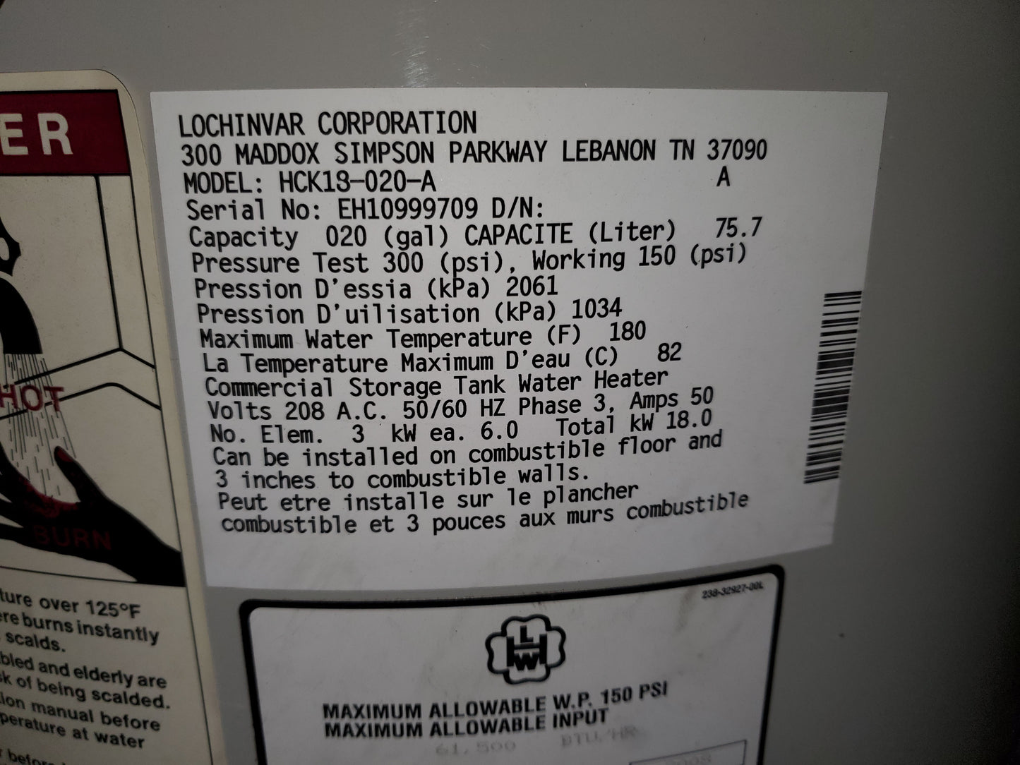 20 GALLON COMMERCIAL ELECTRIC WATER HEATER, 208/60-50/3