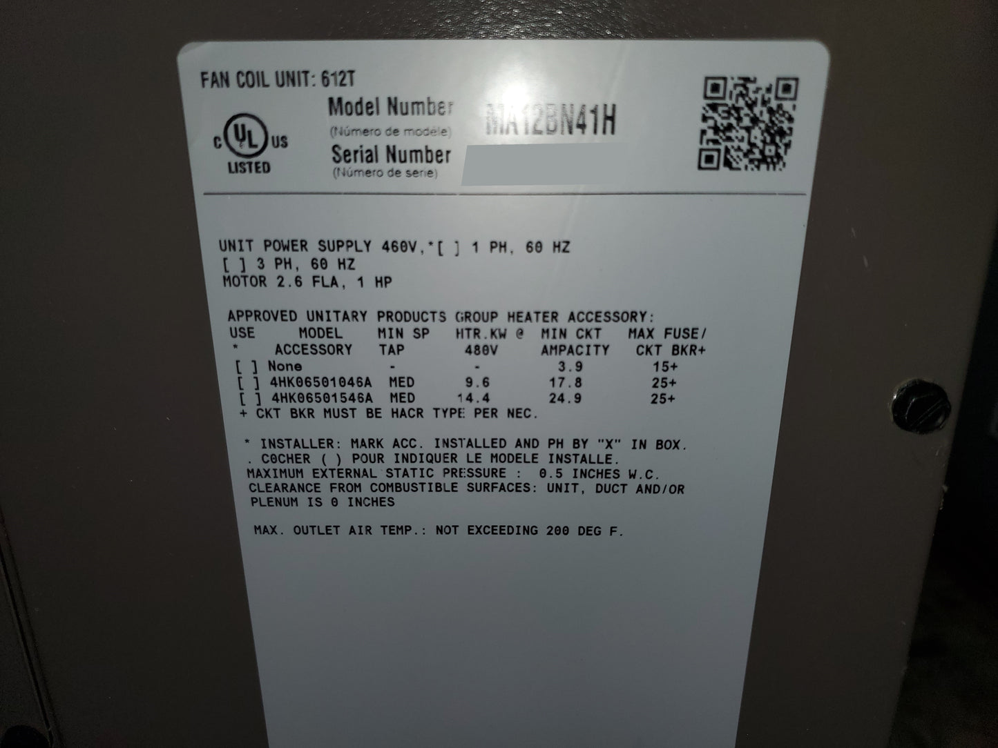 3 TON AC/HP MULTI-POSITION MODULAR AIR HANDLER/LESS COIL, 460/60/3 1025-1250 CFM