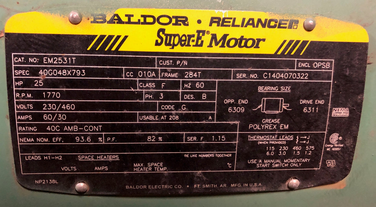 25 HP "SUPER-E" REVERSIBLE ELECTRIC MOTOR, 230-460/60/3 RPM:1770/1 SPEED