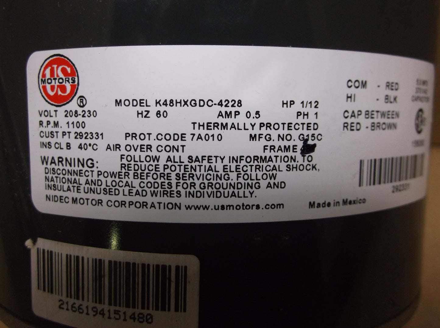 1/12 HP CONDENSER FAN MOTOR, 208-230/60/1 RPM:1100/1-SPEED