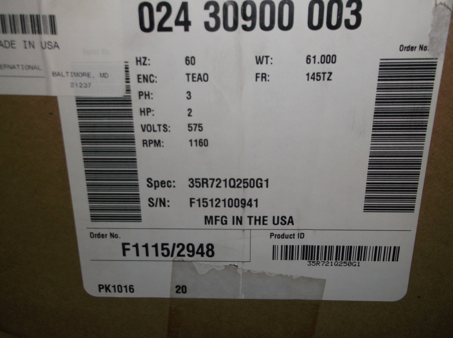 2HP CONDENSER FAN MOTOR, 575/60/3 RPM:1160/1-SPEED