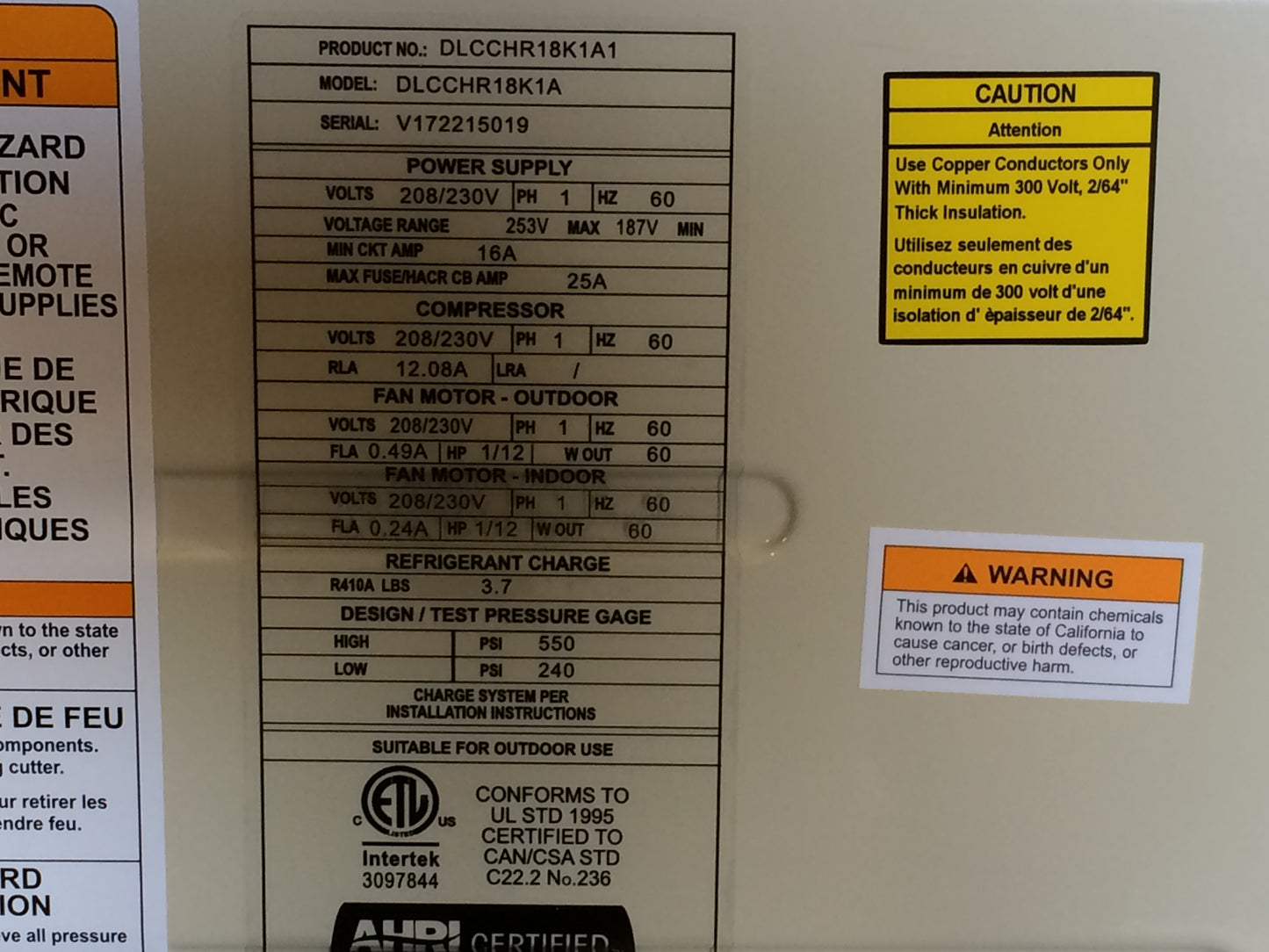 18,000 BTU OUTDOOR MINI-SPLIT HEAT PUMP UNIT 208-230/60/1 R-410A