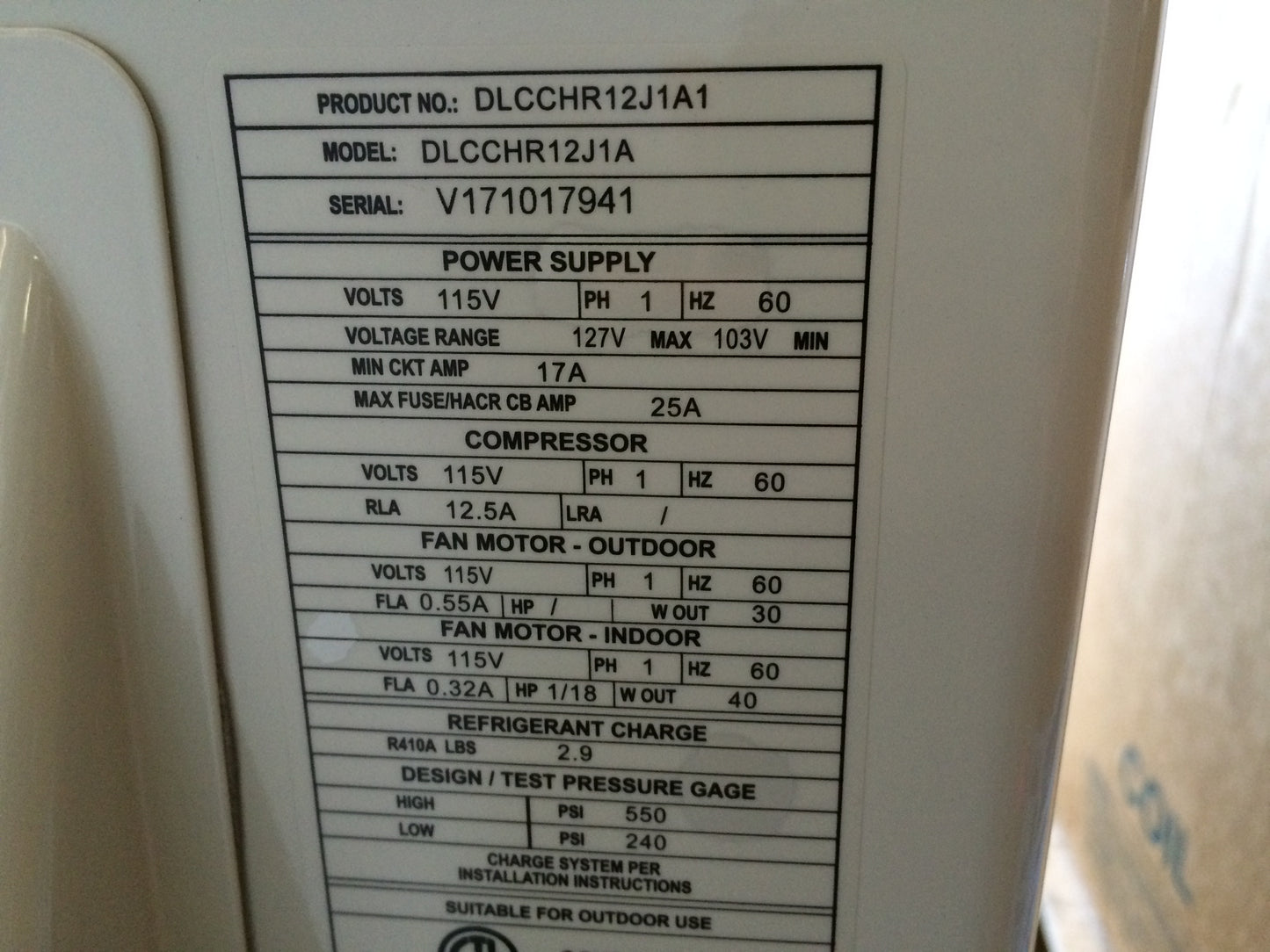 12,000 BTU OUTDOOR MINI-SPLIT AC UNIT 115/60/1 R-410A