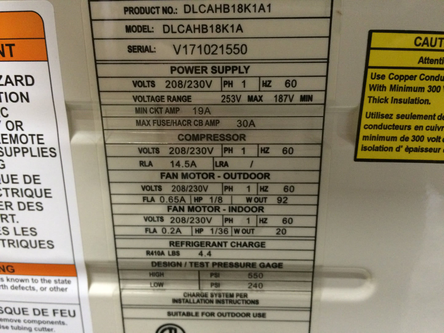 18,000 BTU OUTDOOR MINI-SPLIT HEAT PUMP, 21 SEER 208-230/60/1 R-410A