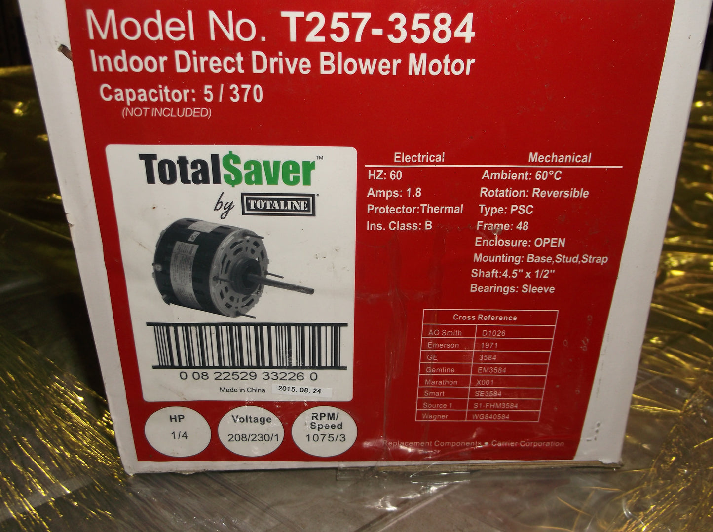 1/4HP DIRECT DRIVE BLOWER MOTOR 208-230/60/1 RPM:1075/3-SPEED